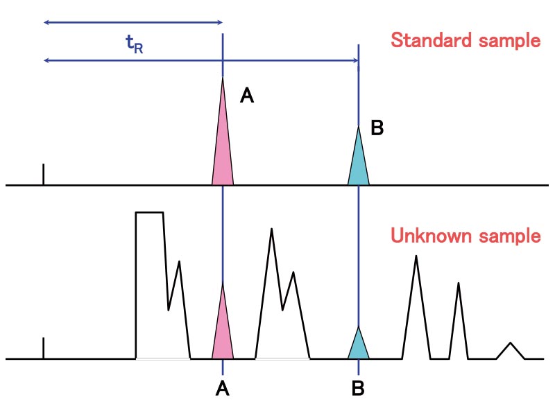 Figure 5 Identification by comparing retention times in a standard sample (upper) and an unknown sample (lower)